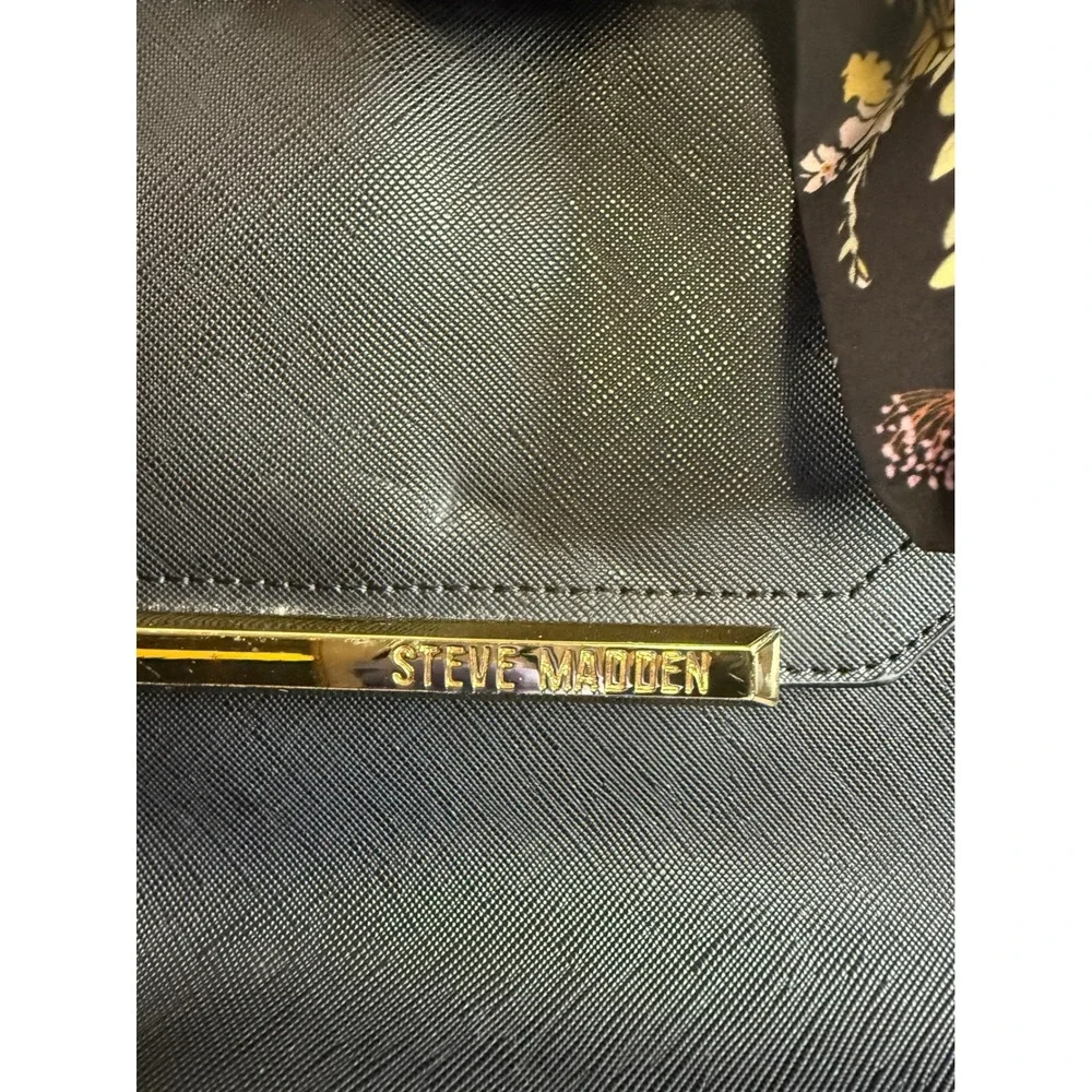 Steve Madden Satchel Handbag Women's Black Purse with Floral‎ Scarf Accent